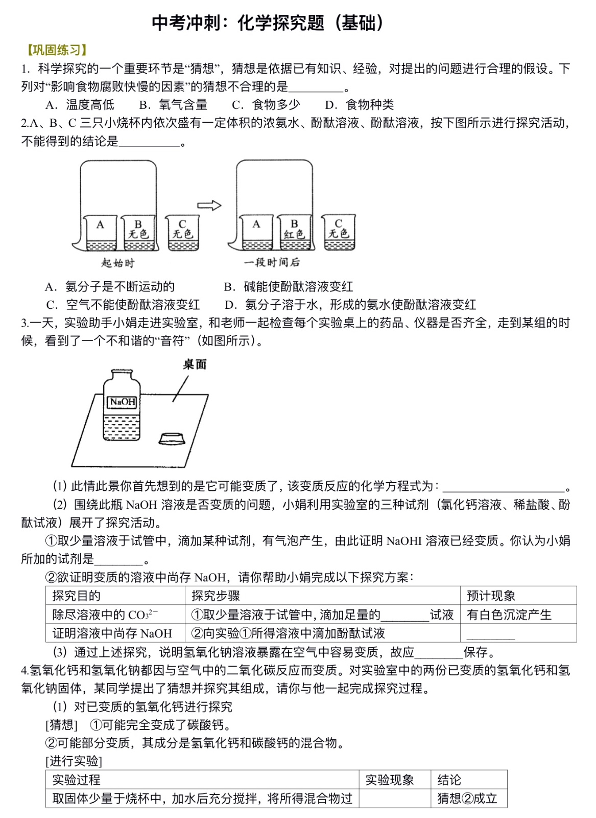 中考化学冲刺：化学探究题（基础）