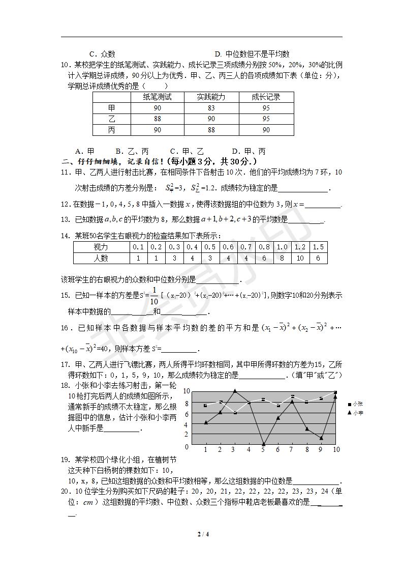 新版新课标人教版八年级数学下册第20章数据分析单元测试试卷及答案（9）