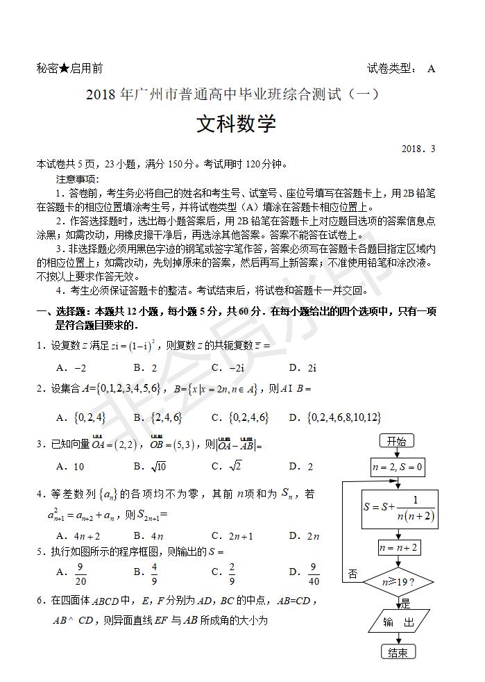 广州市普通高中毕业班综合测试（一）文科数学试题