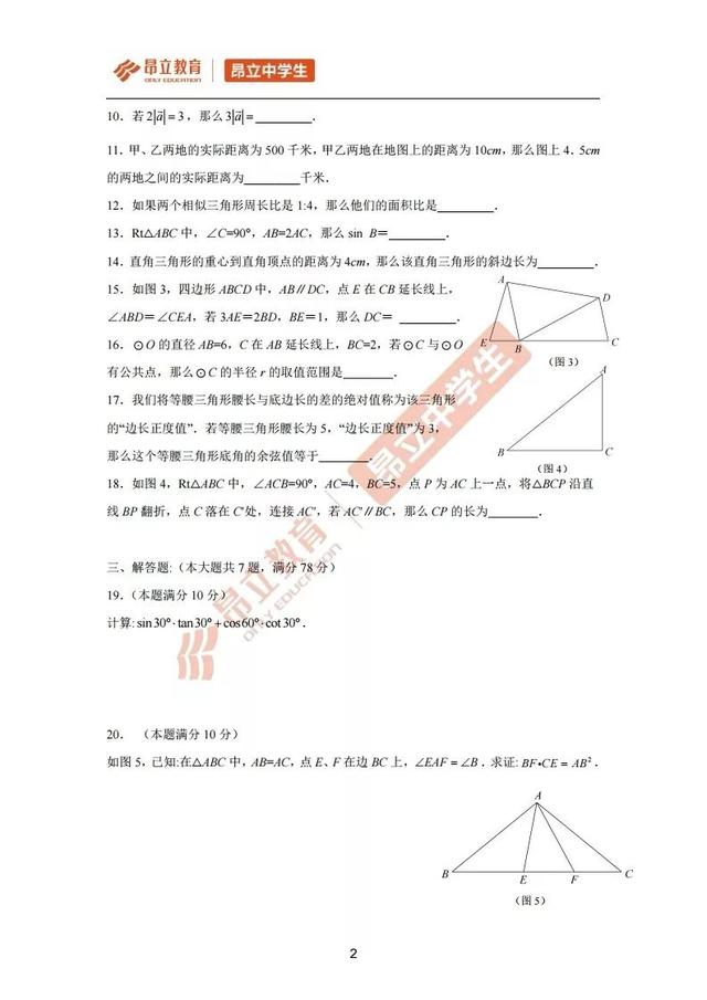 「最新出炉」2019届宝山区初三一模数学试卷+答案