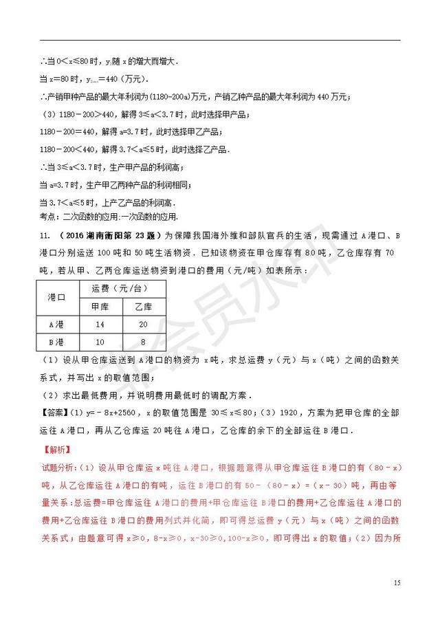 中考数学知识点复习专题函数的应用