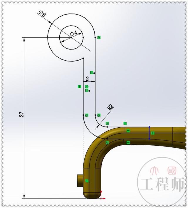 用SolidWorks画的金属连接件，此图蓝色面的切除，是个小难点