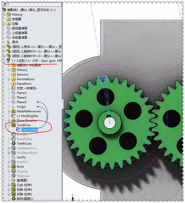 用SolidWorks设计的一个水表机制，用两个标准件齿轮来驱动