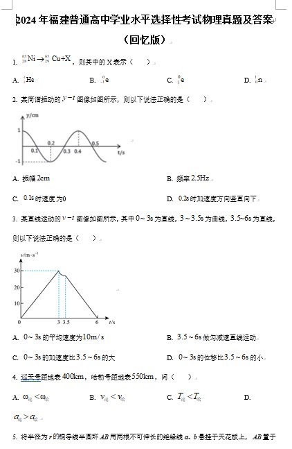 2024年福建普通高中学业水平选择性考试物理真题及答案(Word版)