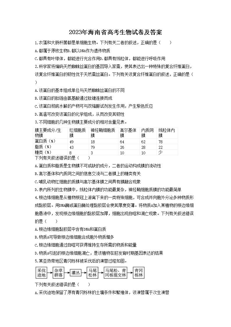 2023年海南省高考生物试卷及答案(Word版)