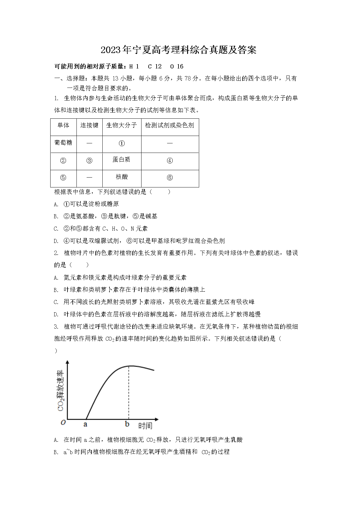 2023年宁夏高考理科综合真题及答案(Word版)