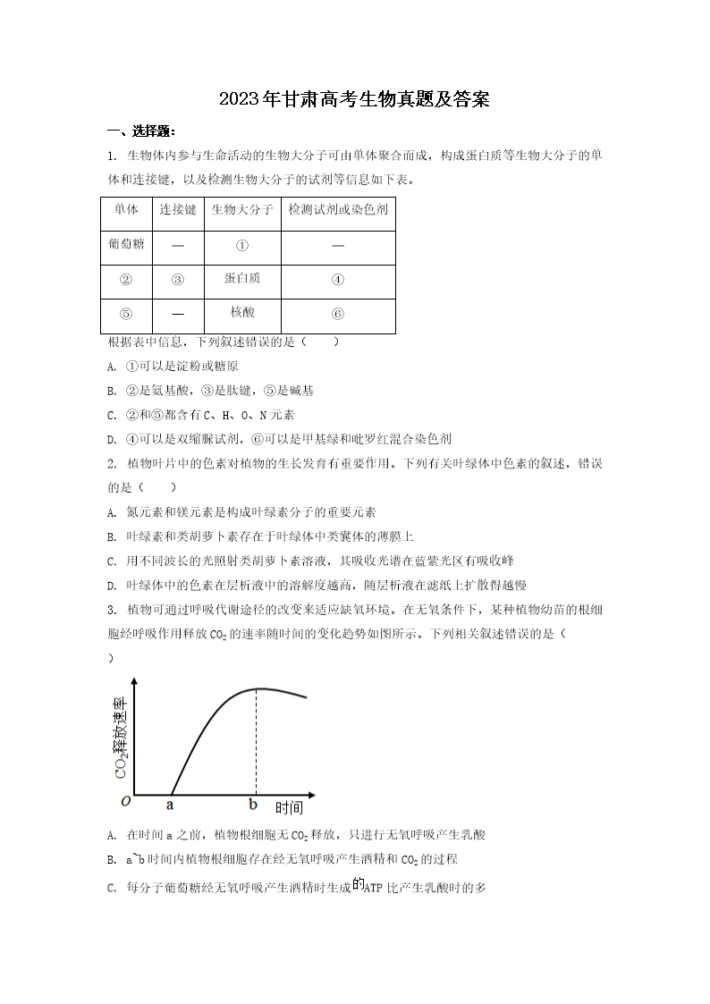 2023年甘肃高考生物真题及答案(Word版)