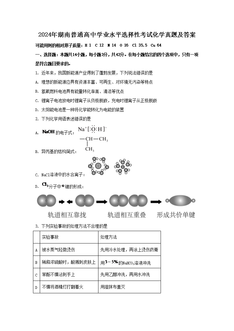 2024年湖南普通高中学业水平选择性考试化学真题及答案(Word版)