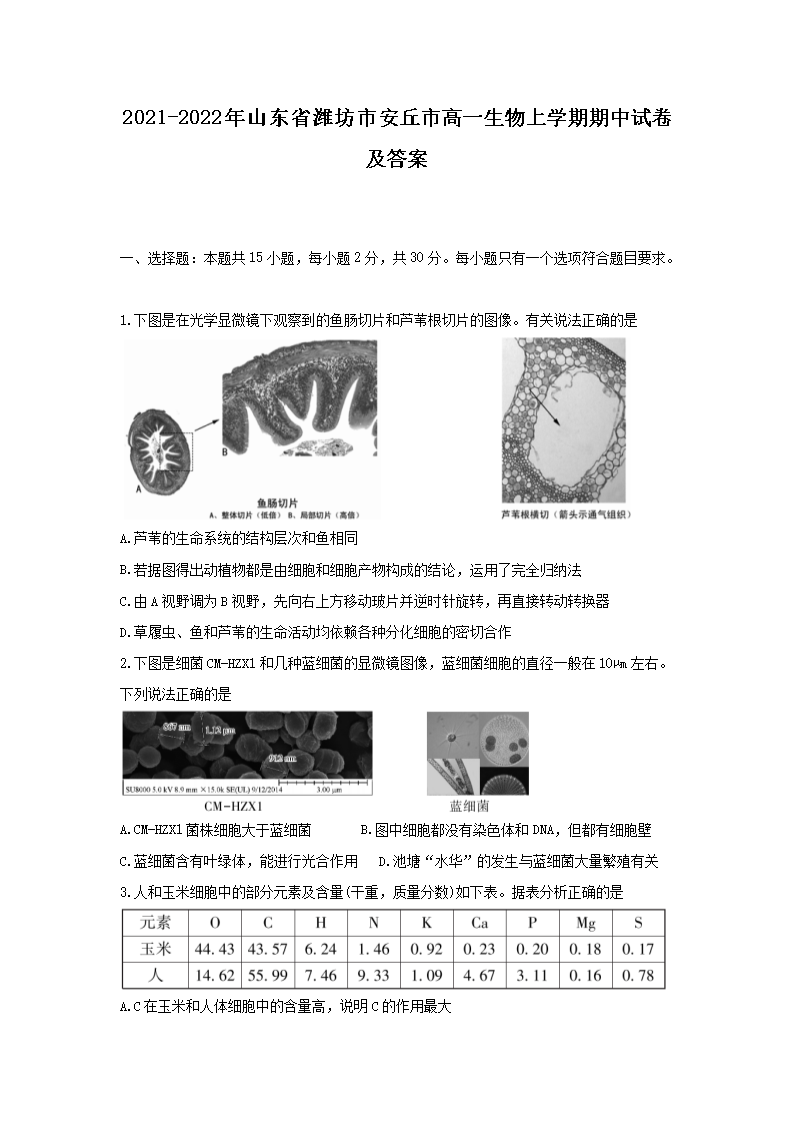 2021-2022年山东省潍坊市安丘市高一生物上学期期中试卷及答案(Word版)