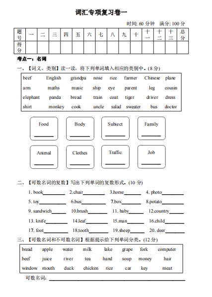 六年级下册英语人教PEP版词汇专项复习卷一（含答案）