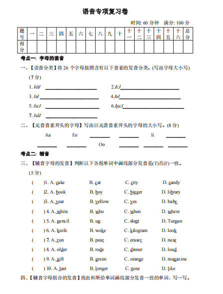 六年级下册英语人教PEP版语音专项复习卷（含答案）