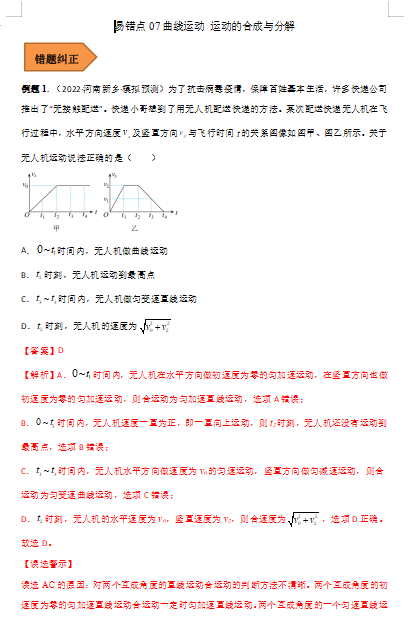 高中物理易错点07  曲线运动 运动的合成与分解（解析版）