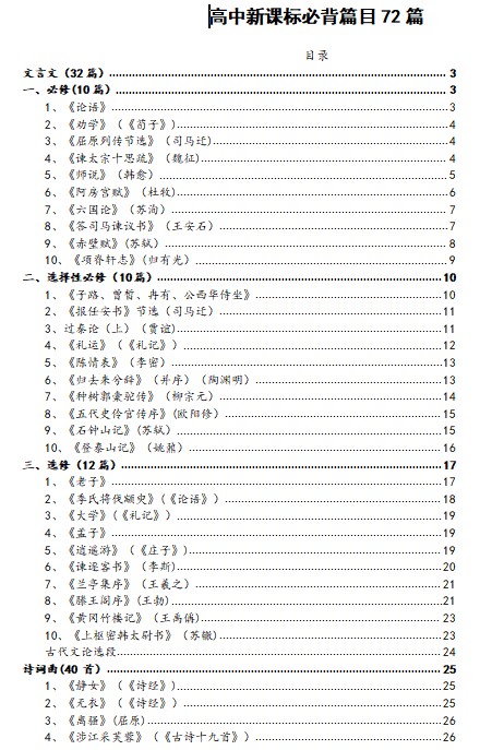 (完整版)高中语文新课标必背古诗文72篇