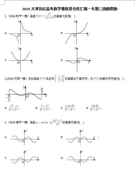 专题三++函数图象-2024届天津市各区高考数学模拟卷分类汇编