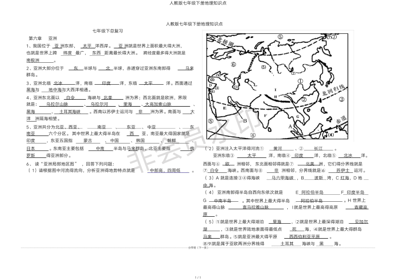 人教版七年级下册地理知识点