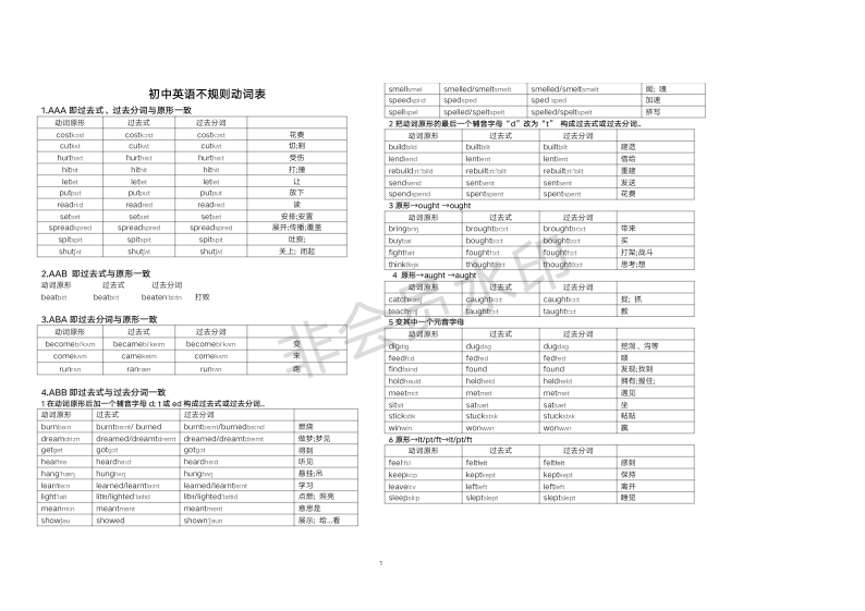 初中英语不规则动词表完整版
