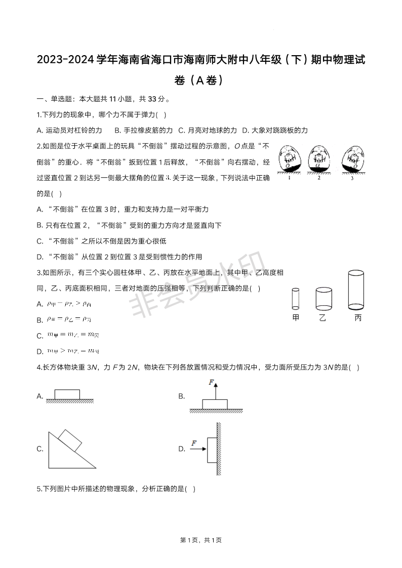 海南省海口市海南师范大学附属中学2023-2024学年八年级下学期期中考试物理试题A卷