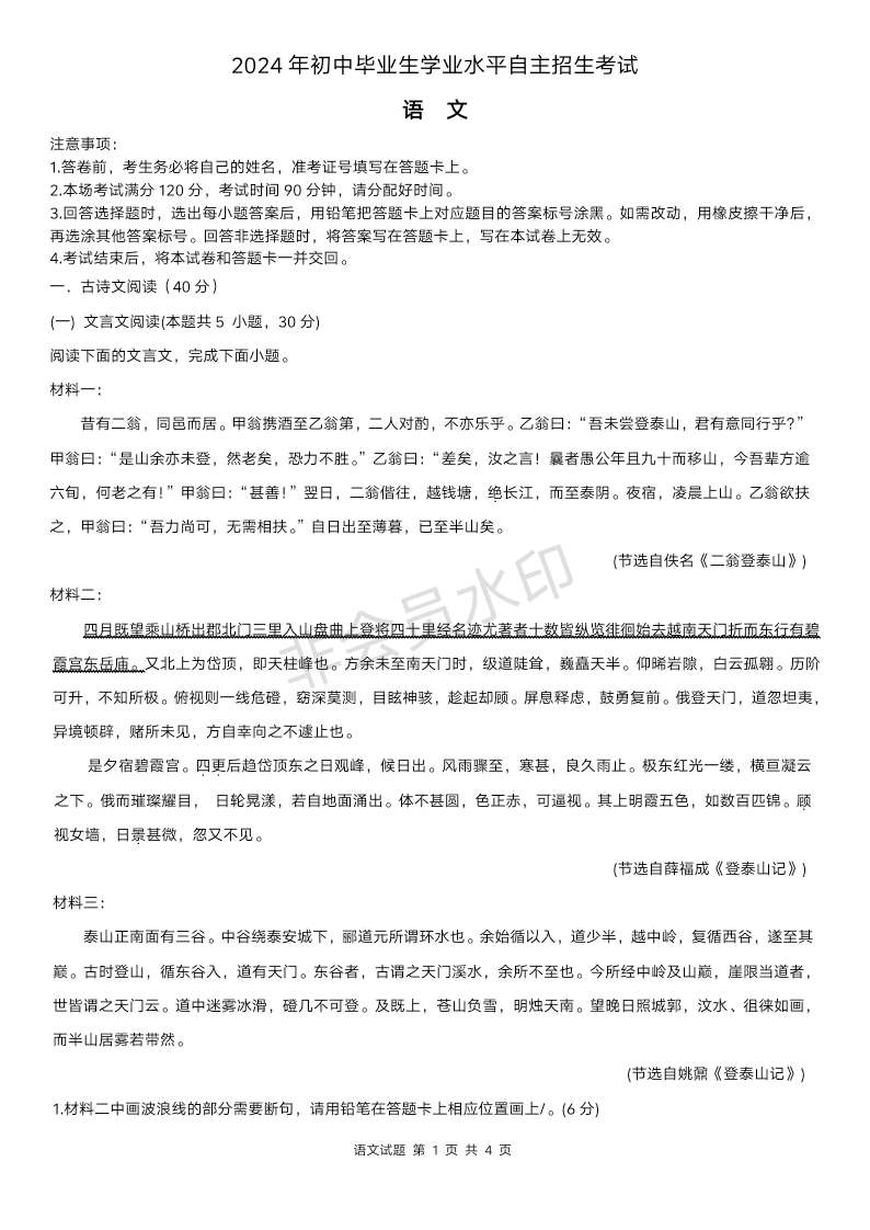 2024年海南省海口市美兰区海口实验中学自主招生语文试题