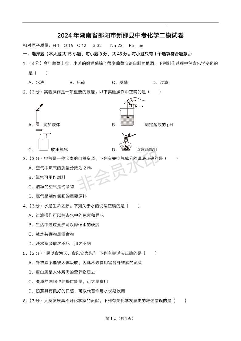 2024年湖南省邵阳市新邵县中考化学二模试卷