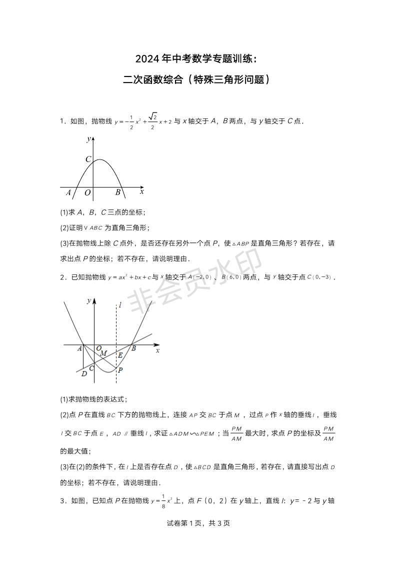 2024年中考数学专题训练：二次函数综合（特殊三角形问题）