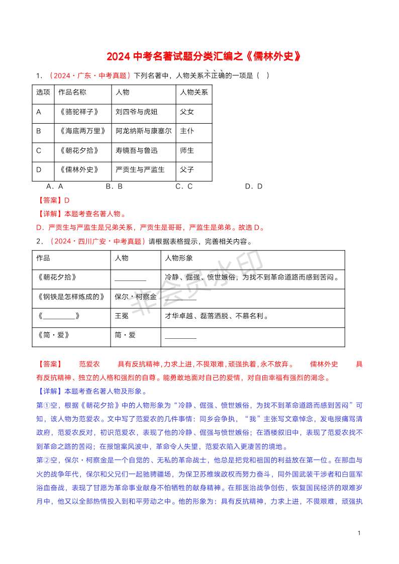 《儒林外史》-2024年中考语文名著部分真题分类汇编（全国通用）