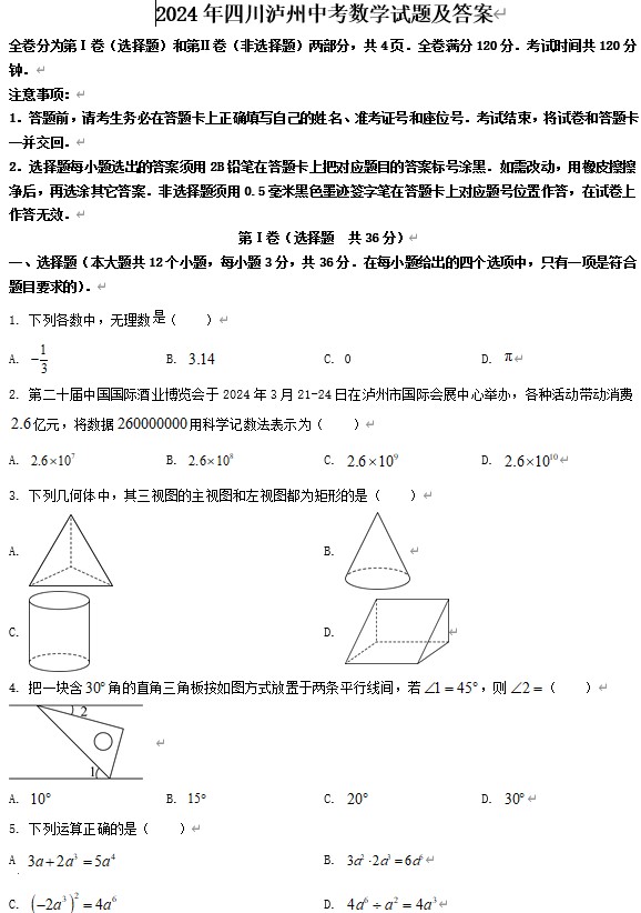 2024年四川泸州中考数学试题及答案