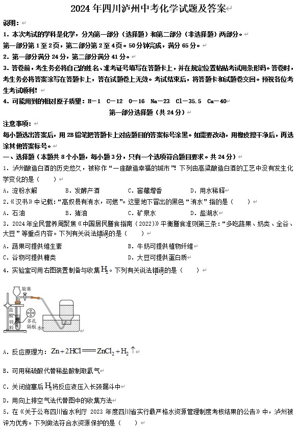 2024年四川泸州中考化学试题及答案