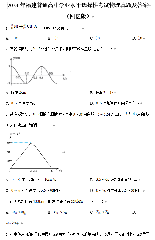 2024年福建普通高中学业水平选择性考试物理真题及答案