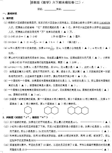 期末数学模拟卷（试题）-2023-2024学年六年级下册数学浙教版