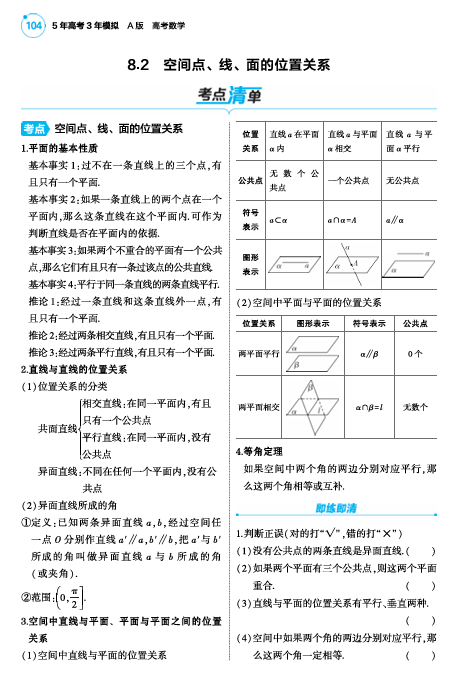 2025版.新高考版.高考总复习.数学考点清单+题型清单-1_8.2  空间点线面的位置关系讲解册OK