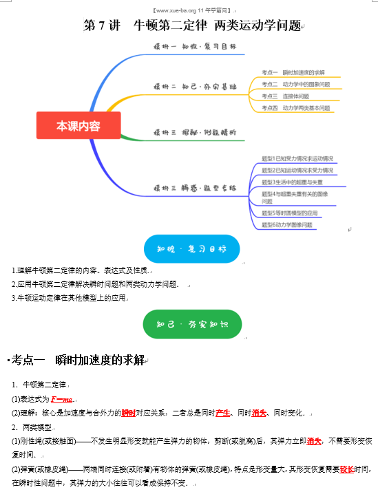 2025届高三暑假培优高考物理考点专项讲义 十大考点专项-第7讲　牛顿第二定律 两类运动学问题OK