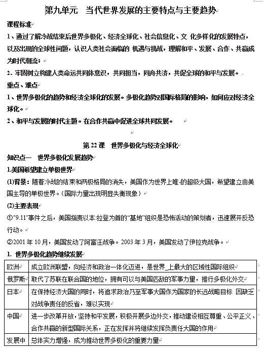 第九单元 当代世界发展的主要特点与主要趋势-知识梳理（中外历史纲要下）【新教材适用】OK