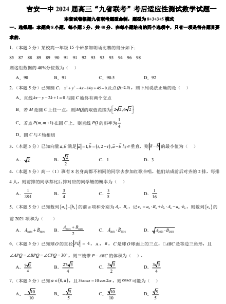 【新结构试卷】江西吉安一中2024届高三“九省联考”考后适应性测试数学试题一OK