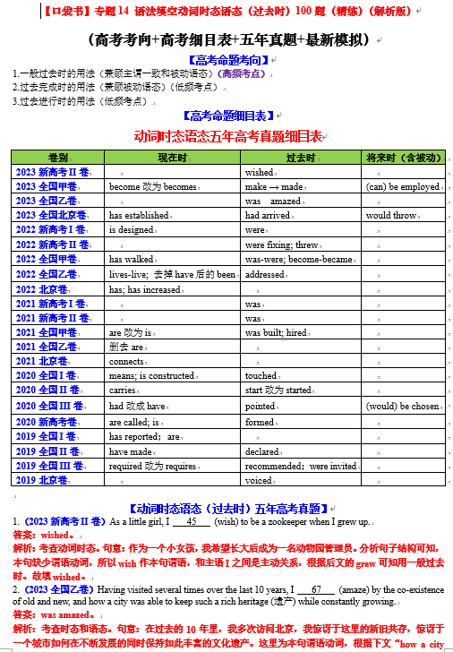 专题14 动词时态语态(过去时)100题（精练） -【口袋书】2024年高考英语一轮复习知识清单（全国通用）