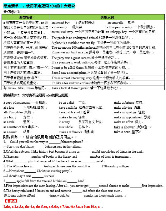 专题23 冠词数词10大类11个要点（清单）-【口袋书】2024年高考英语一轮复习知识清单（全国通用）