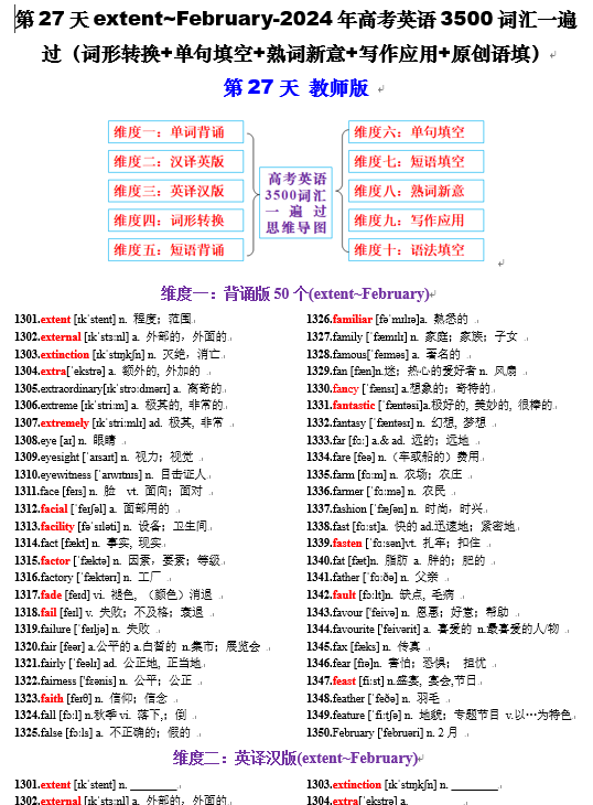 第27天 extent~February（词形转换+单句填空+熟词新意+写作应用+原创语填）-2024年高考英语3500词汇一遍过