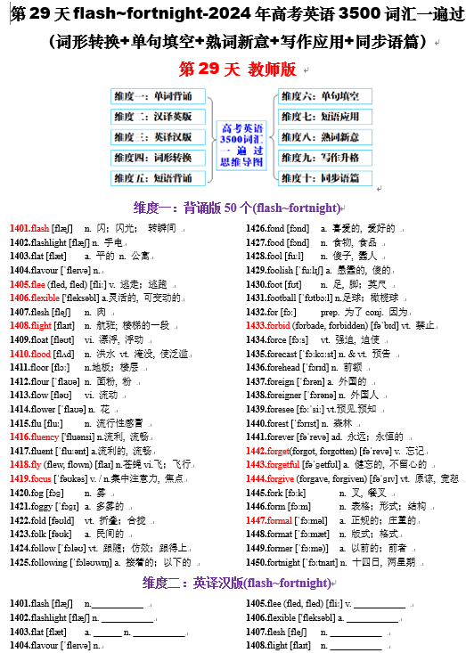 第29天 flash~fortnight（词形转换+单句填空+熟词新意+写作应用+同步语篇）-2024年高考英语3500词汇一遍过