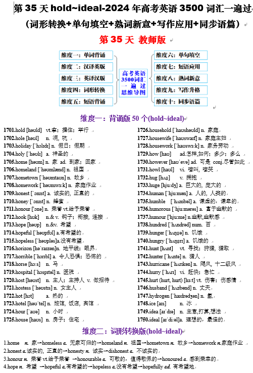 第35天 hold~ideal（词形转换+单句填空+熟词新意+写作应用+同步语篇）-2024年高考英语3500词汇一遍过