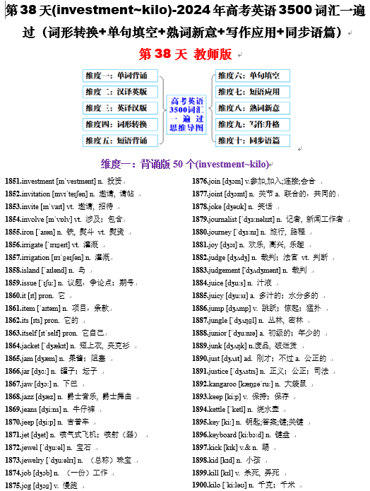 第38天 investment~kilo（词形转换+单句填空+熟词新意+写作应用+同步语篇）-2024年高考英语3500词汇一遍过