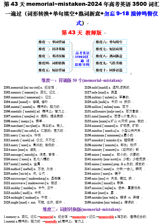 第43天 memorial~mistaken（词形转换+单句填空+熟词新意+勿忘9▪18撞钟鸣警仪式）-2024年高考英语3500词汇一遍过