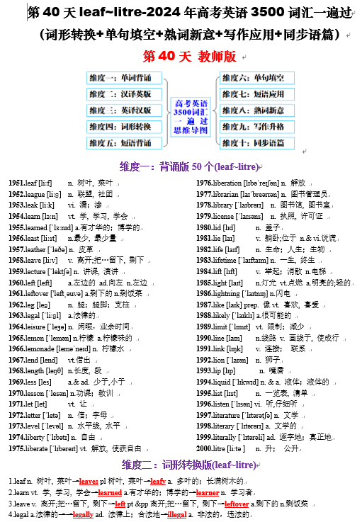 第40天 leaf~litre（词形转换+单句填空+熟词新意+写作应用+同步语篇）-2024年高考英语3500词汇一遍过