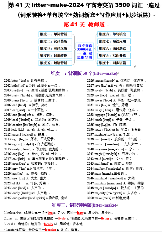 第41天 litter~make（词形转换+单句填空+熟词新意+写作应用+同步语篇）-2024年高考英语3500词汇一遍过