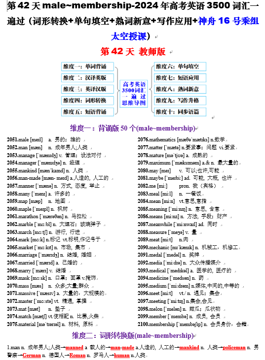 第42天 male~membership（词形转换+单句填空+熟词新意+神舟16号乘组太空授课）-2024年高考英语3500词汇一遍过