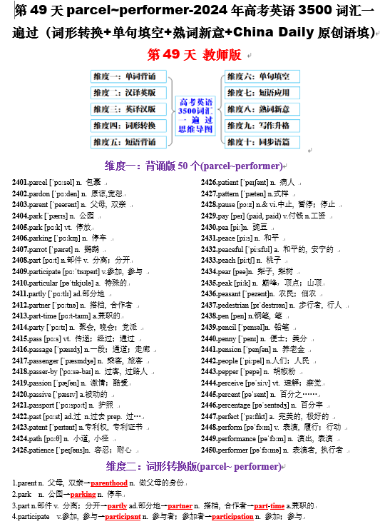 第49天 parcel~performer（词形转换+单句填空+熟词新意+China Daily原创语填）-2024年高考英语3500词汇一遍过