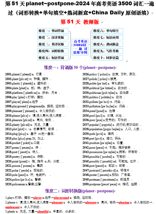 第51天 planet~postpone（词形转换+单句填空+熟词新意+China Daily原创语填）-2024年高考英语3500词汇一遍过