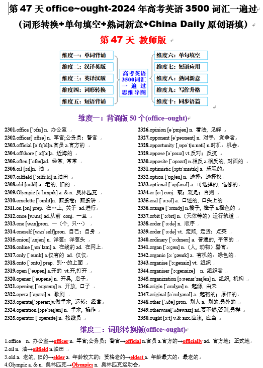 第47天 office~ought（词形转换+单句填空+熟词新意+China Daily原创语填）-2024年高考英语3500词汇一遍过