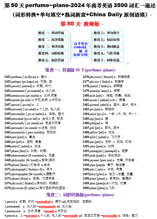 第50天 perfume~plane（词形转换+单句填空+熟词新意+China Daily原创语填）-2024年高考英语3500词汇一遍过