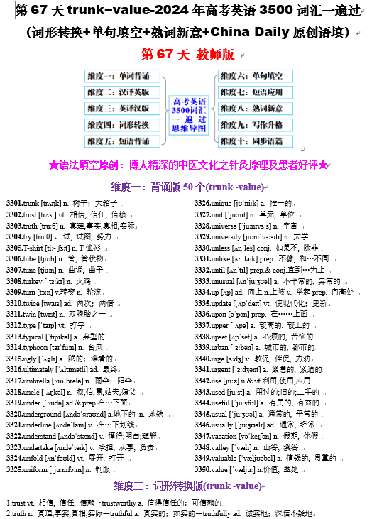 第67天 trunk~value（词形转换+单句填空+熟词新意+China Daily原创语填）-2024年高考英语3500词汇精讲精练