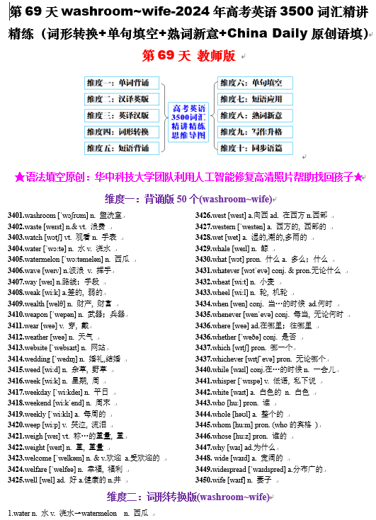 第69天 washroom~wife（词形转换+单句填空+熟词新意+China Daily原创语填）-2024年高考英语3500词汇精讲精练