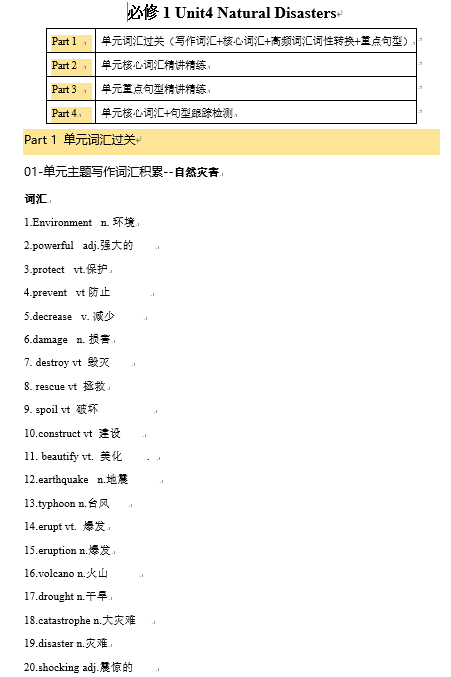 必修一  Unit 4 Natural Disasters 核心单词+重点句型筑基讲义 -2025年新高考英语一轮总复习筑基培优方案（人教版2019）